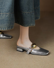 (Clean Up - US 7.5) Bold Gold Oval Buckle Square Toe Flat Mules