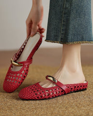 Woven Gold-Tone Strap Mary Jane Flats