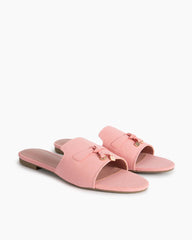 (Clean Up - US 8) Suede Gold Charm Open Toe Slide Sandals