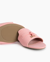 (Clean Up - US 8) Suede Gold Charm Open Toe Slide Sandals