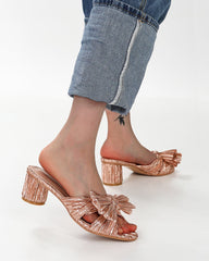(Clean Up - Delivery in 3-5 days) Pleated Bow Open Toe Chunky Block Heel Sandals