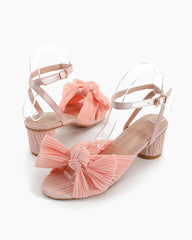 (Clean Up - US 7) Pleated Bow Open Toe Chunky Block Slingback Heel Sandals