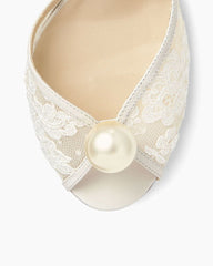 Ivory Floral Lace Sandal Heels with Pearl Detail