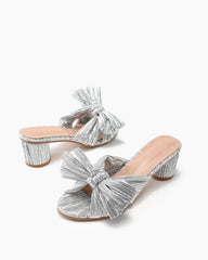 (Clean Up - US 9) Pleated Bow Open Toe Chunky Block Heel Sandals
