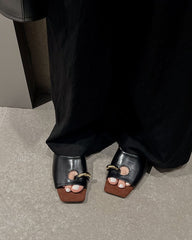 (Clean Up - US 7.5 ) Gold Ring Square Heel Thong Slide Sandals