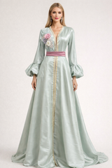 Mint Satin Embroidered Maxi Dress with Balloon Sleeves