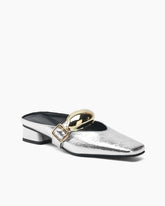 (Clean Up - US 7.5) Bold Gold Oval Buckle Square Toe Flat Mules