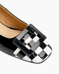 (Clean Up - US 7.5) Square Buckle Checkered Print Chunky Heels