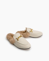 (Clean Up - US 11 ) Chain Closed Toe Fur Backless Slip on Slides Mules