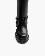 Smooth Leather Knee-high Booties Metal Triangle Knot Detail Strap