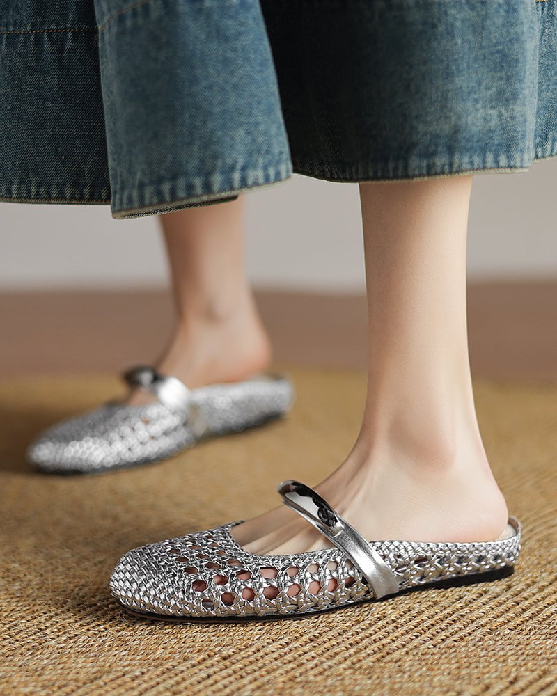 Woven Gold-Tone Strap Mary Jane Flats