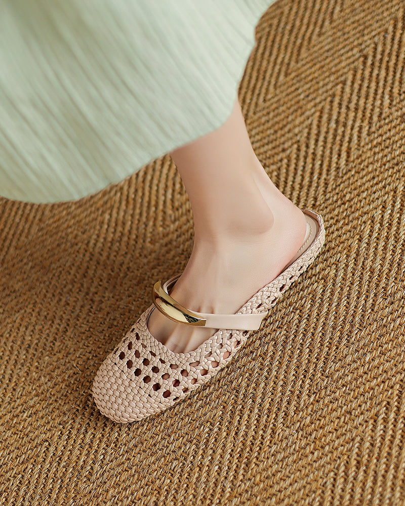 Woven Gold-Tone Strap Mary Jane Flats