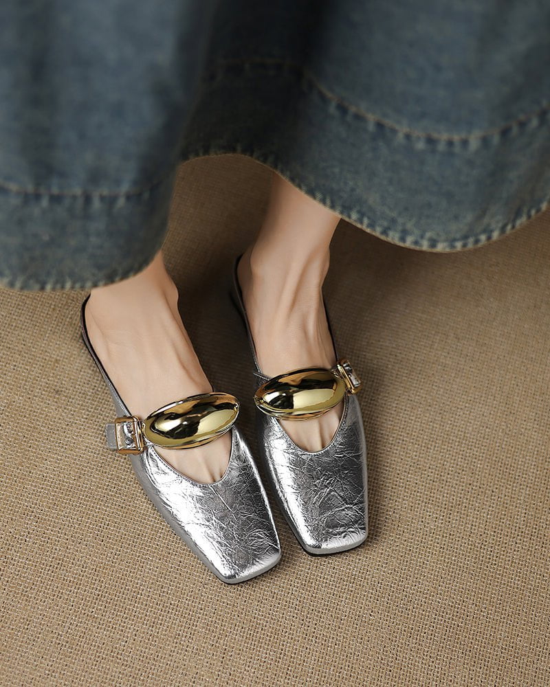 (Clean Up - US 7.5) Bold Gold Oval Buckle Square Toe Flat Mules
