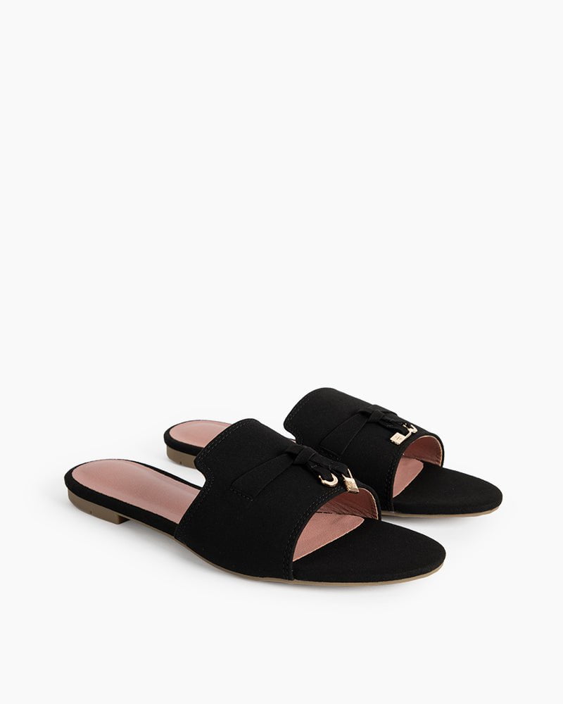 (Clean Up - US 8) Suede Gold Charm Open Toe Slide Sandals