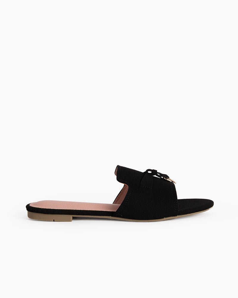 (Clean Up - US 8) Suede Gold Charm Open Toe Slide Sandals