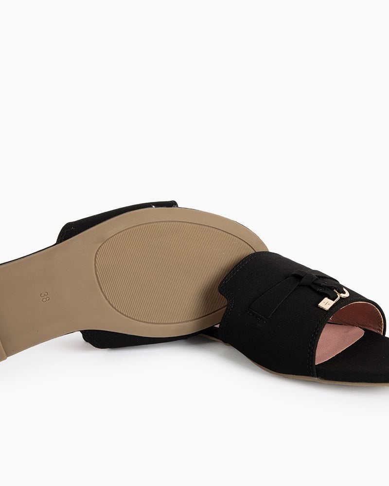 (Clean Up - US 8) Suede Gold Charm Open Toe Slide Sandals