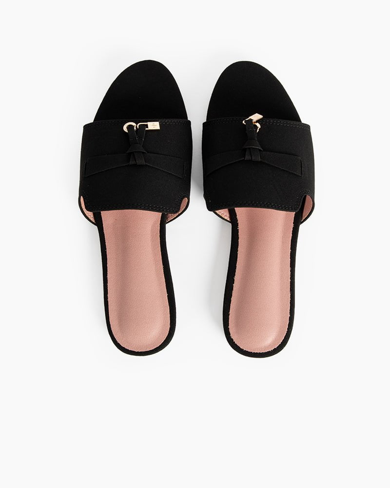 (Clean Up - US 8) Suede Gold Charm Open Toe Slide Sandals