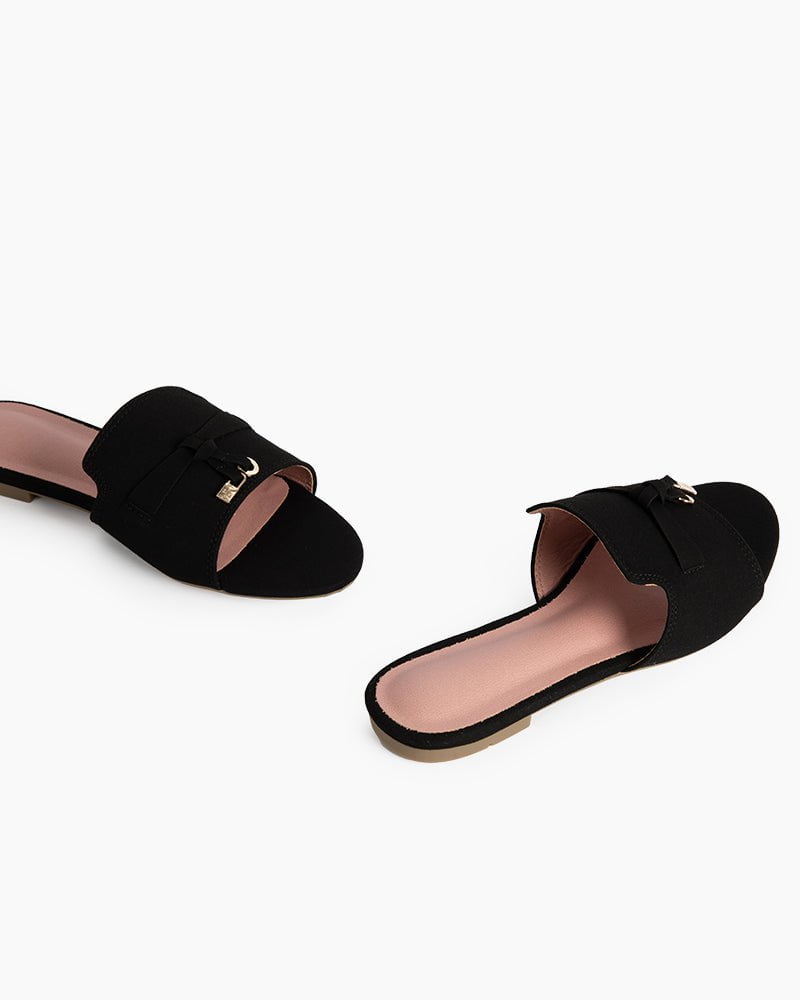 (Clean Up - US 8) Suede Gold Charm Open Toe Slide Sandals