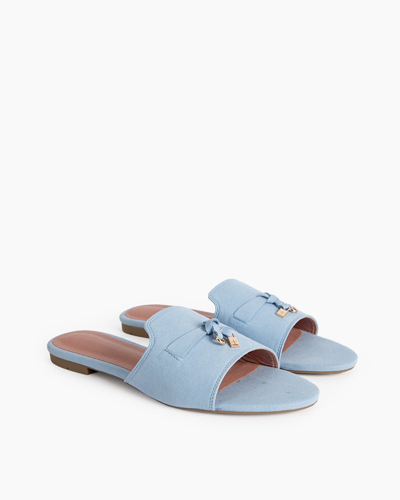 (Clean Up - US 8) Suede Gold Charm Open Toe Slide Sandals