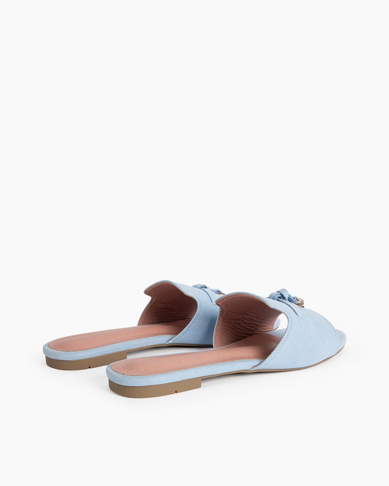 (Clean Up - US 8) Suede Gold Charm Open Toe Slide Sandals