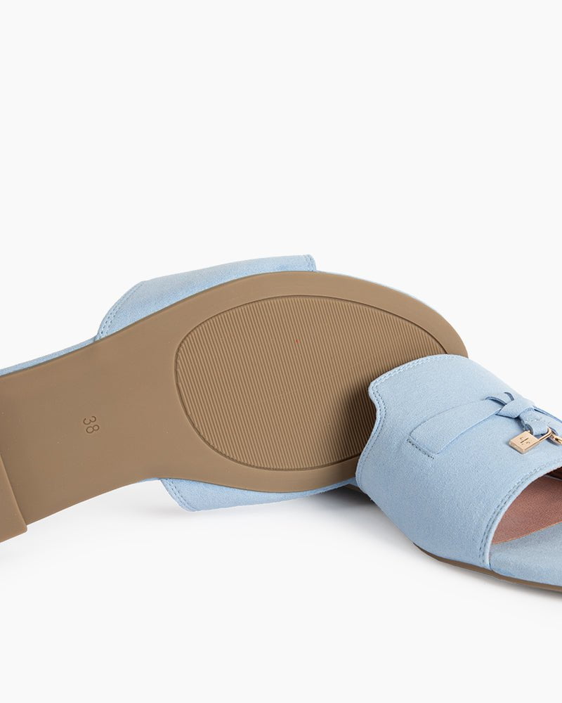 (Clean Up - US 8) Suede Gold Charm Open Toe Slide Sandals