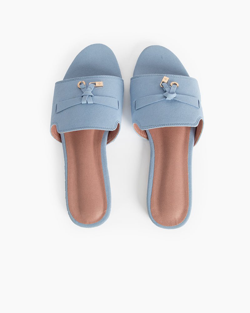 (Clean Up - US 8) Suede Gold Charm Open Toe Slide Sandals