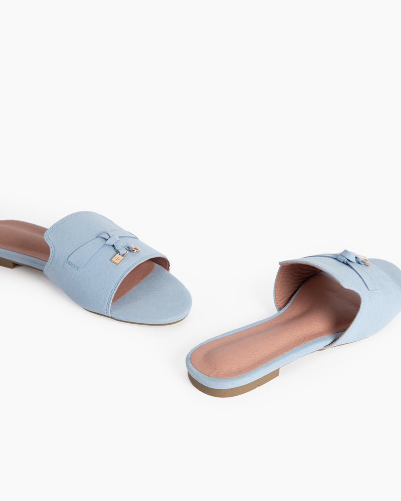 (Clean Up - US 8) Suede Gold Charm Open Toe Slide Sandals