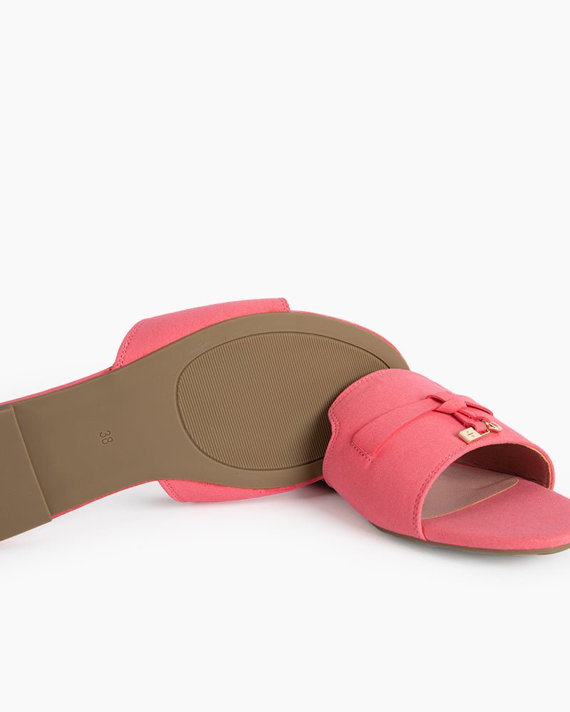 (Clean Up - US 8) Suede Gold Charm Open Toe Slide Sandals