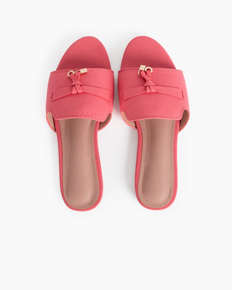 (Clean Up - US 8) Suede Gold Charm Open Toe Slide Sandals