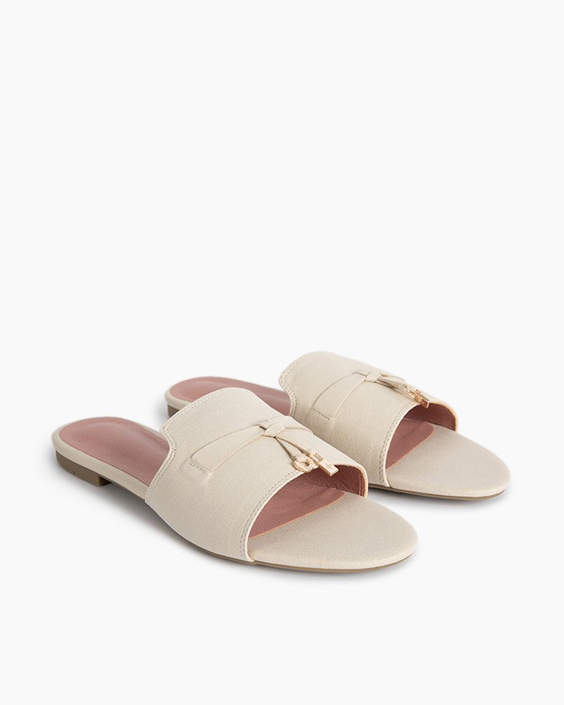 (Clean Up - US 8) Suede Gold Charm Open Toe Slide Sandals