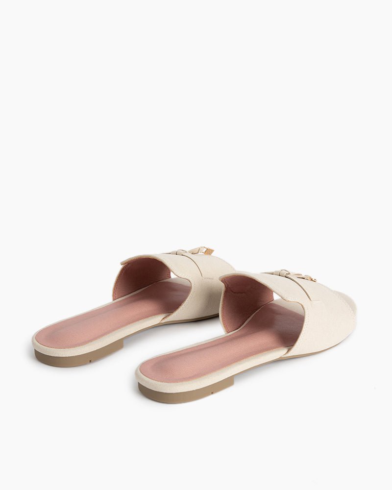 (Clean Up - US 8) Suede Gold Charm Open Toe Slide Sandals