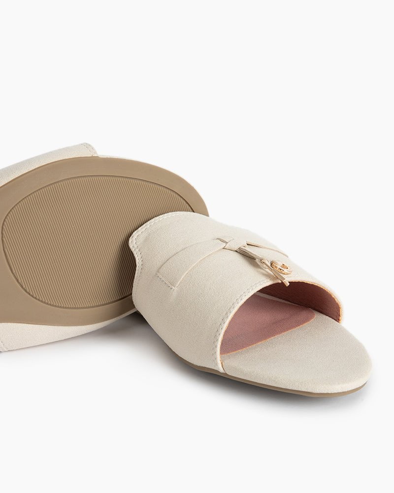 (Clean Up - US 8) Suede Gold Charm Open Toe Slide Sandals