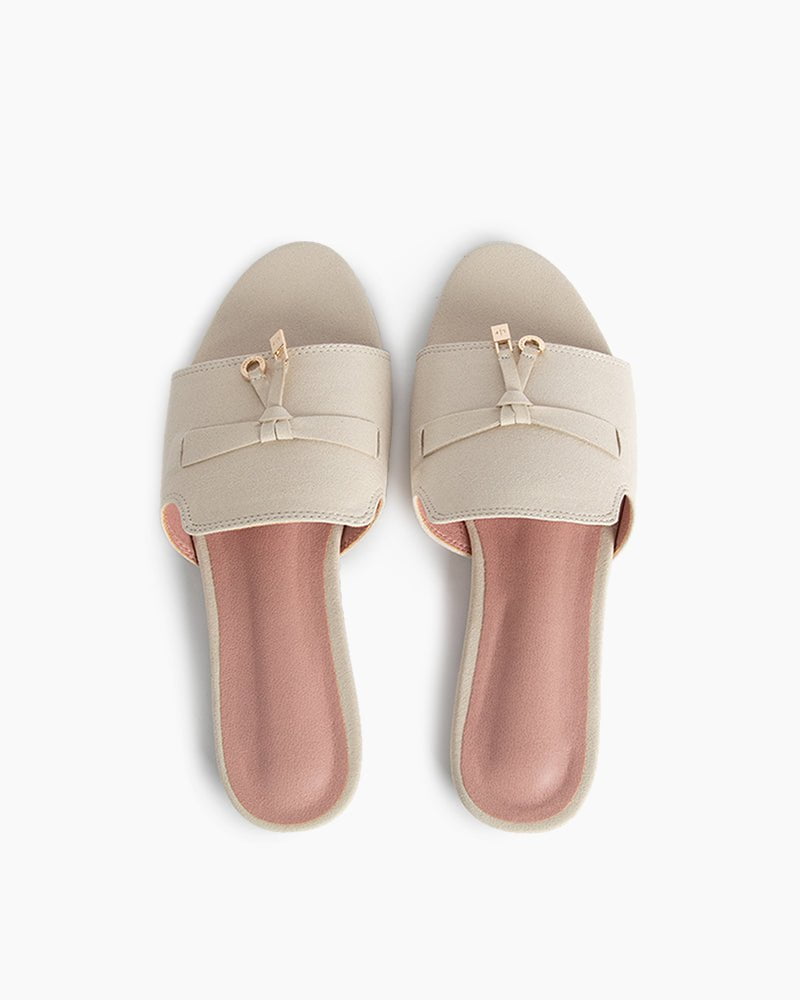 (Clean Up - US 8) Suede Gold Charm Open Toe Slide Sandals