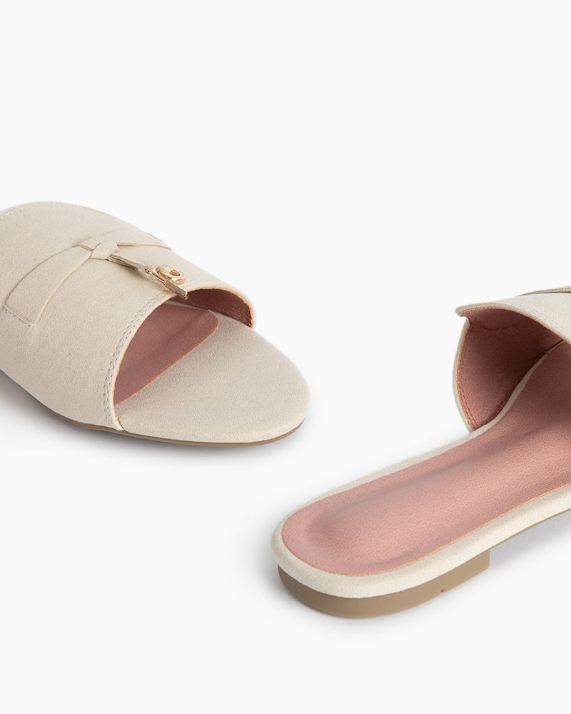 (Clean Up - US 8) Suede Gold Charm Open Toe Slide Sandals