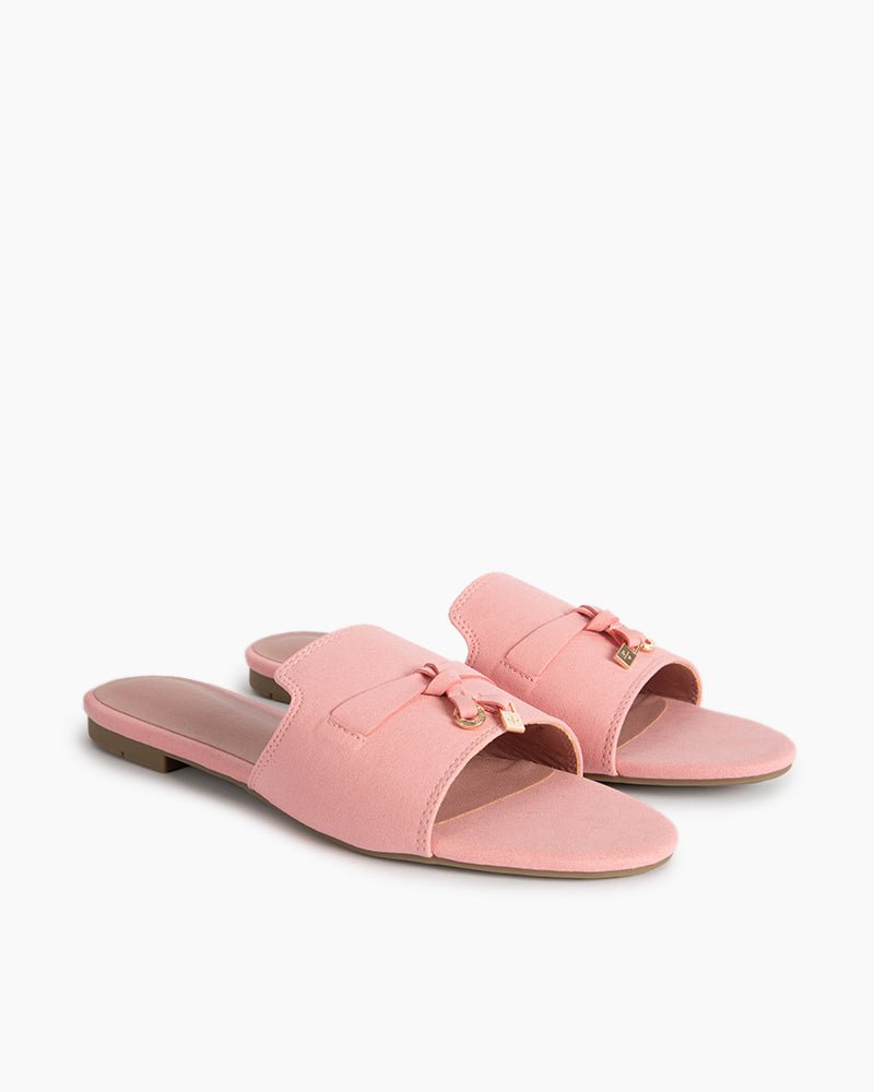 (Clean Up - US 8) Suede Gold Charm Open Toe Slide Sandals