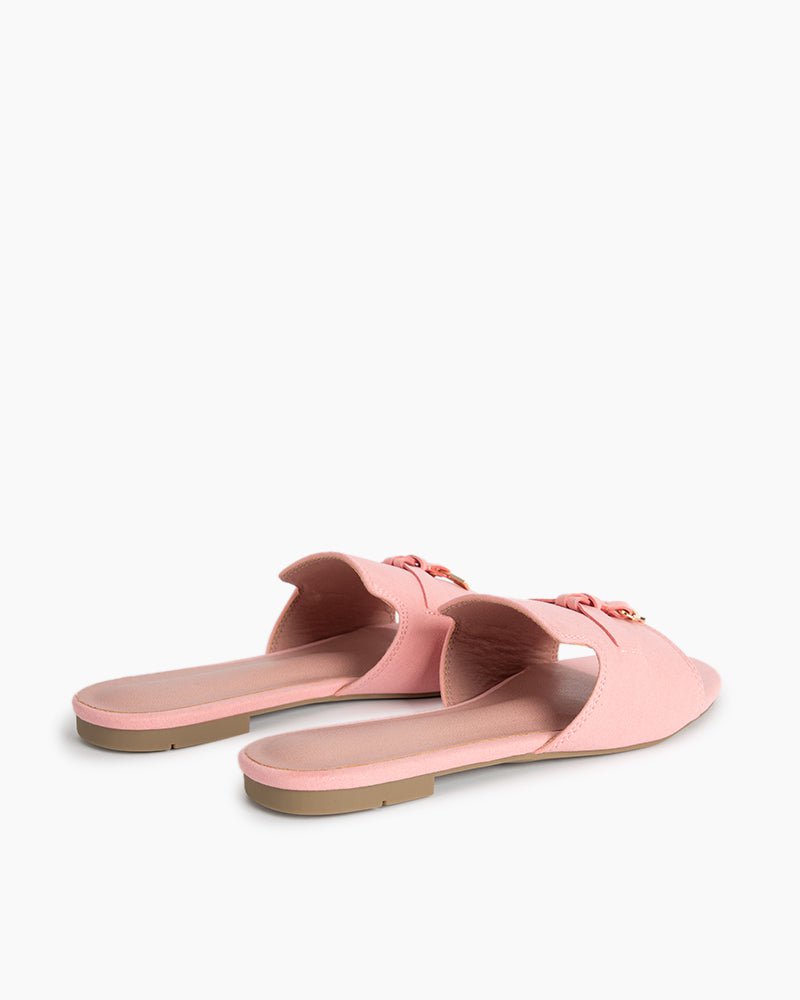 (Clean Up - US 8) Suede Gold Charm Open Toe Slide Sandals