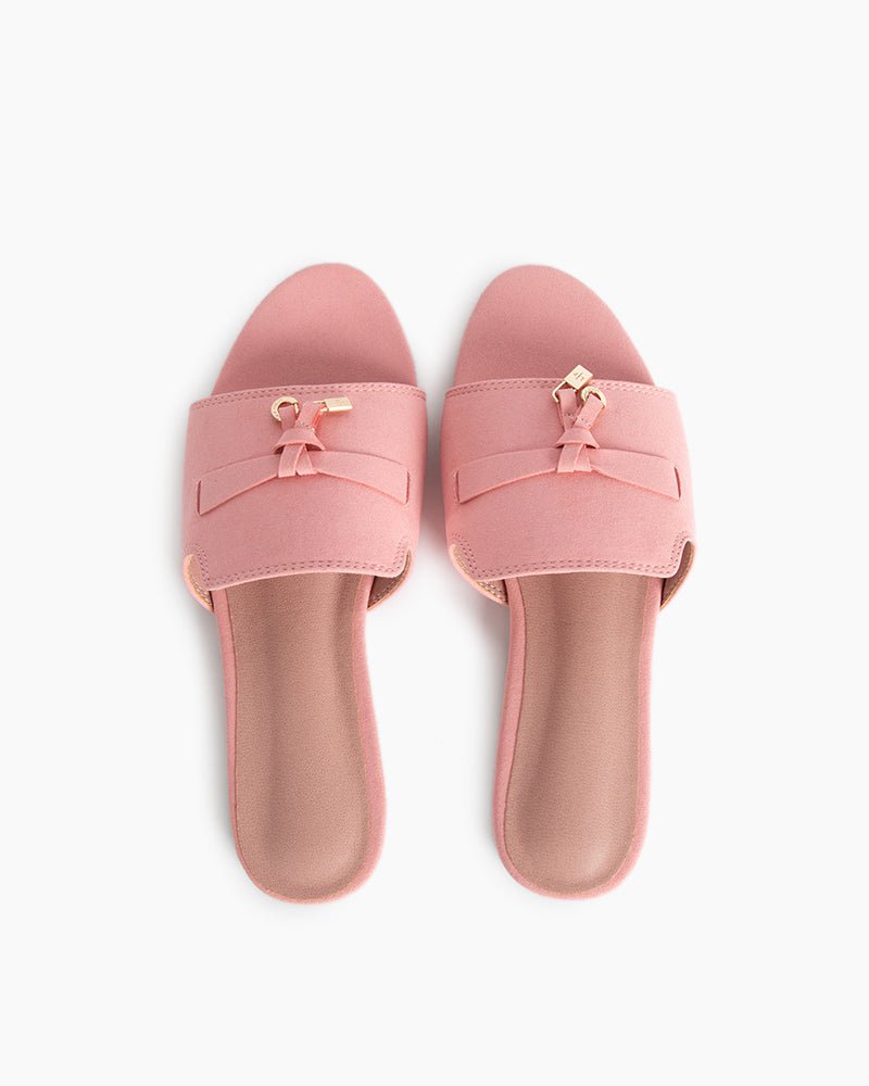 (Clean Up - US 8) Suede Gold Charm Open Toe Slide Sandals