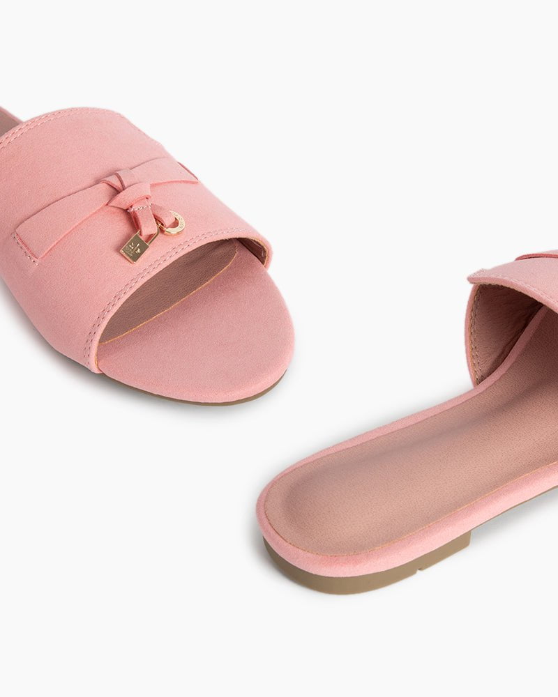 (Clean Up - US 8) Suede Gold Charm Open Toe Slide Sandals