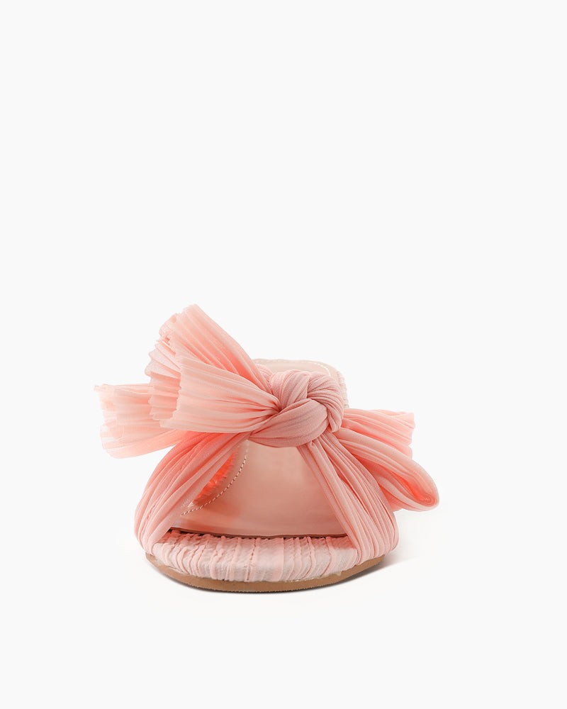 (Clean Up - Delivery in 3-5 days) Pleated Bow Open Toe Chunky Block Heel Sandals