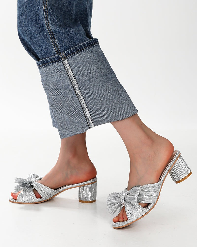 (Clean Up - US 9) Pleated Bow Open Toe Chunky Block Heel Sandals