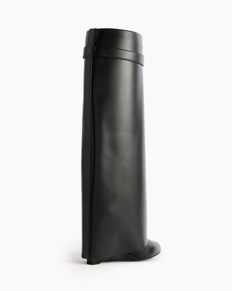 Shark Lock embellished glossed-leather knee boots