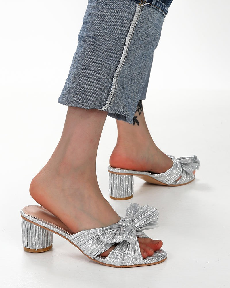 (Clean Up - Delivery in 3-5 days) Pleated Bow Open Toe Chunky Block Heel Sandals