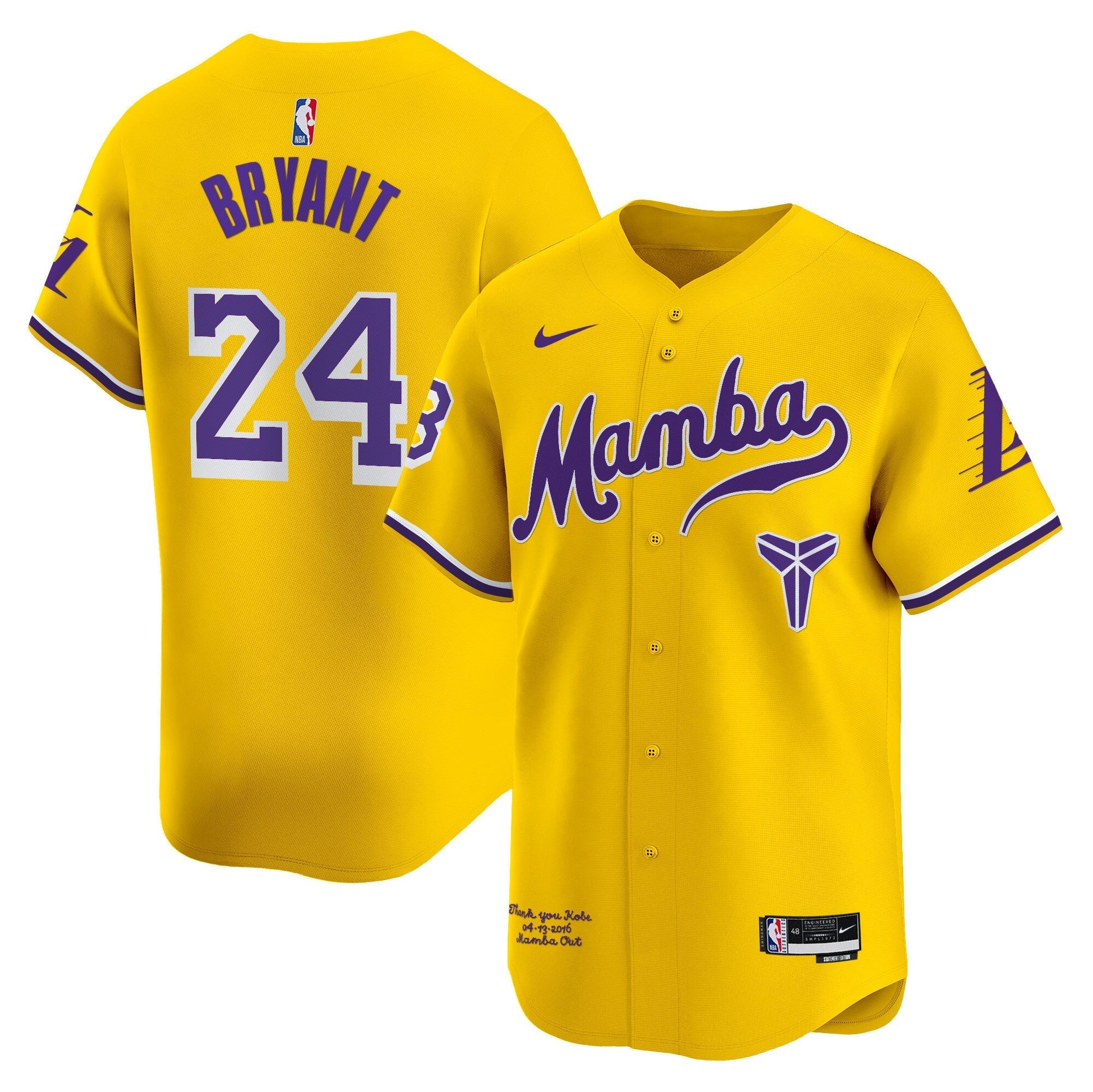 LAL Kobe Bryant Mamba Vapor Baseball Jersey - All Stitched