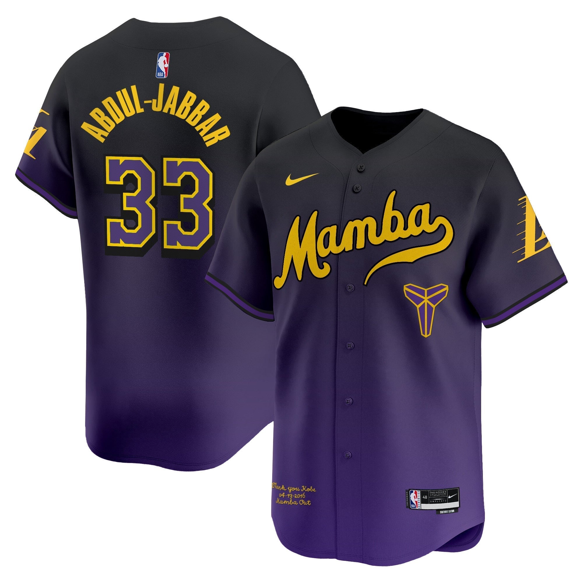 LAL Kobe Bryant Mamba Vapor Baseball Jersey - All Stitched