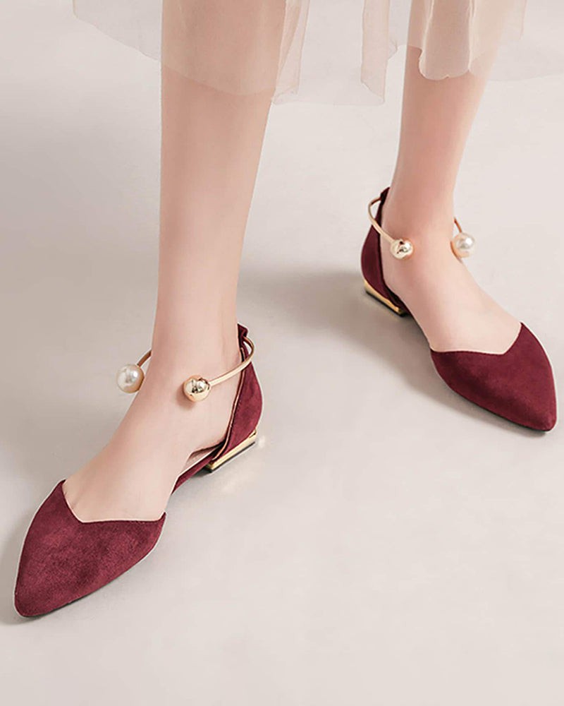(Clean Up - US 7 ) Pearl Buckle Pointed Toe Flat Loafers