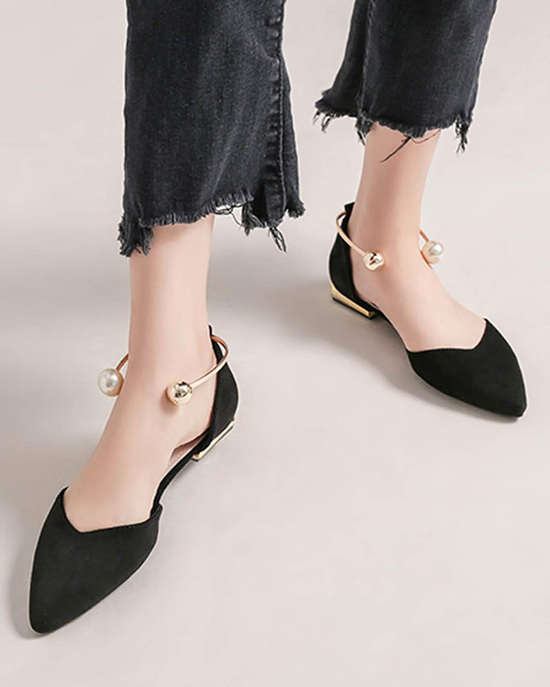 (Clean Up - US 7 ) Pearl Buckle Pointed Toe Flat Loafers
