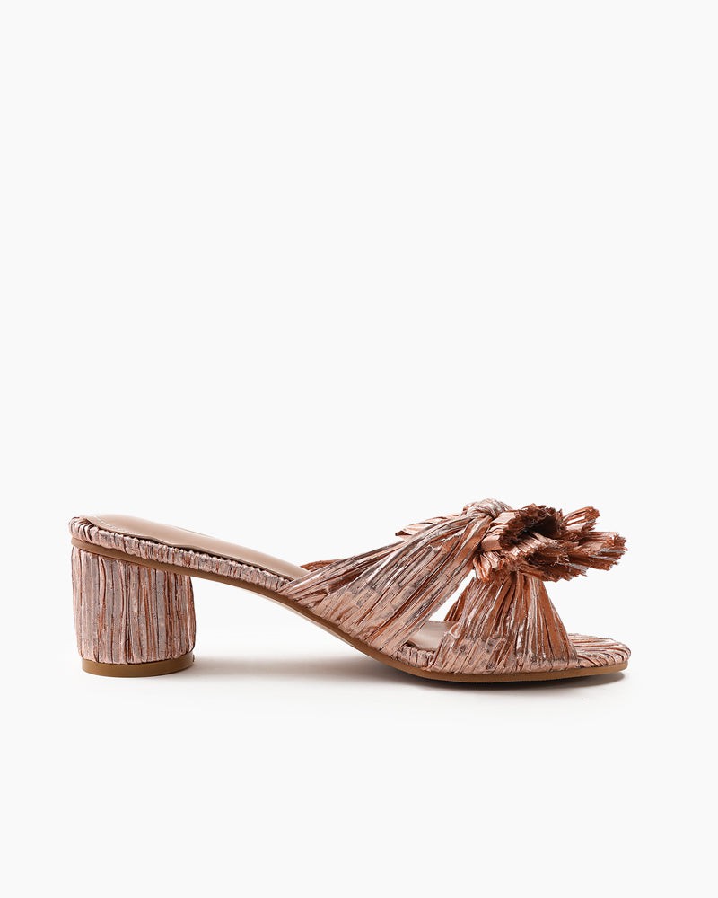 (Clean Up - Delivery in 3-5 days) Pleated Bow Open Toe Chunky Block Heel Sandals