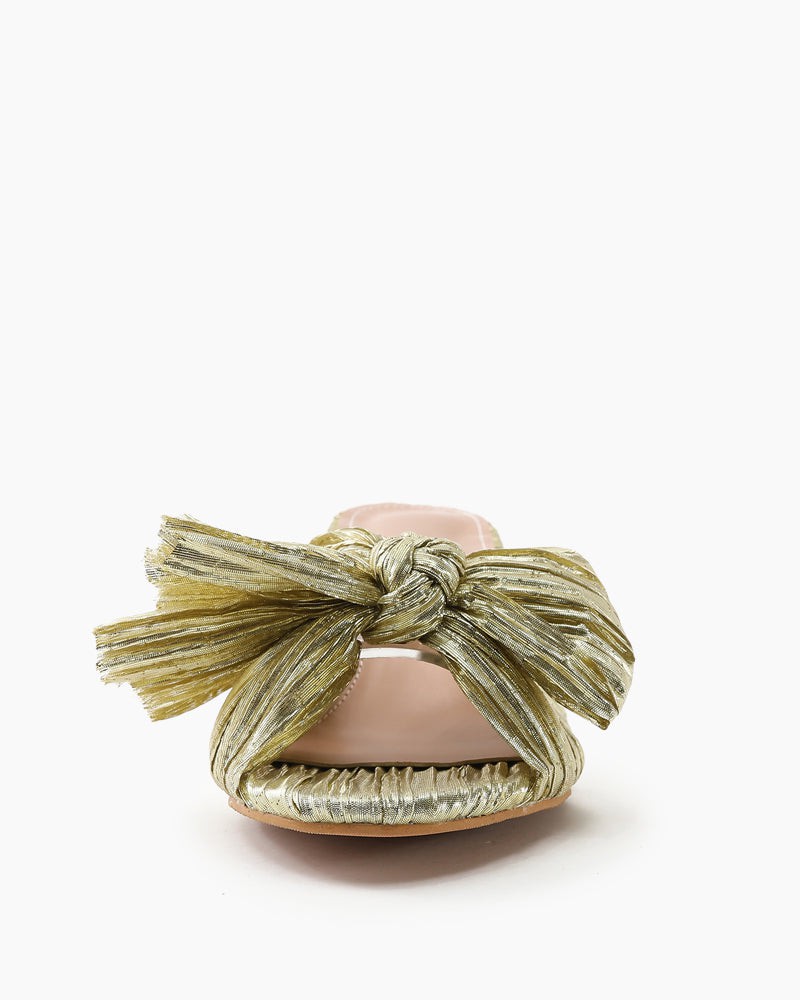 (Clean Up - US 9) Pleated Bow Open Toe Chunky Block Heel Sandals