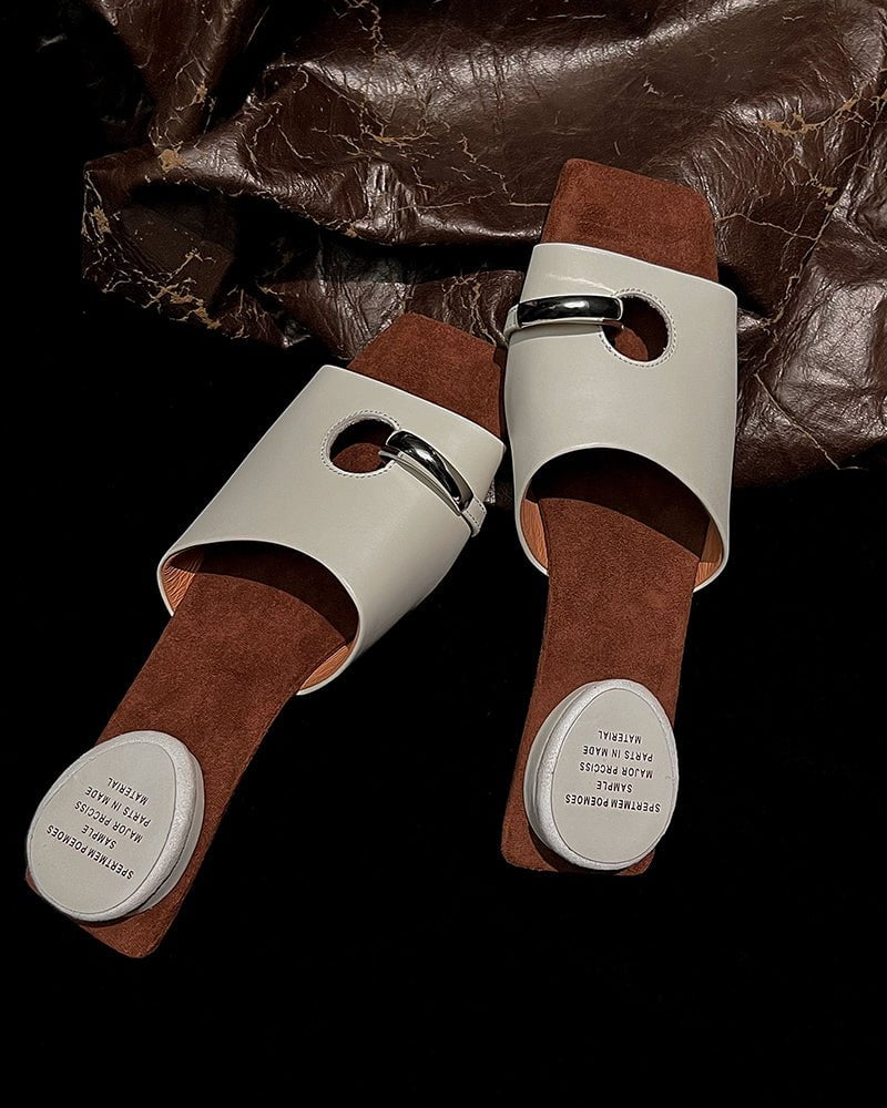 (Clean Up - US 7.5 ) Gold Ring Square Heel Thong Slide Sandals