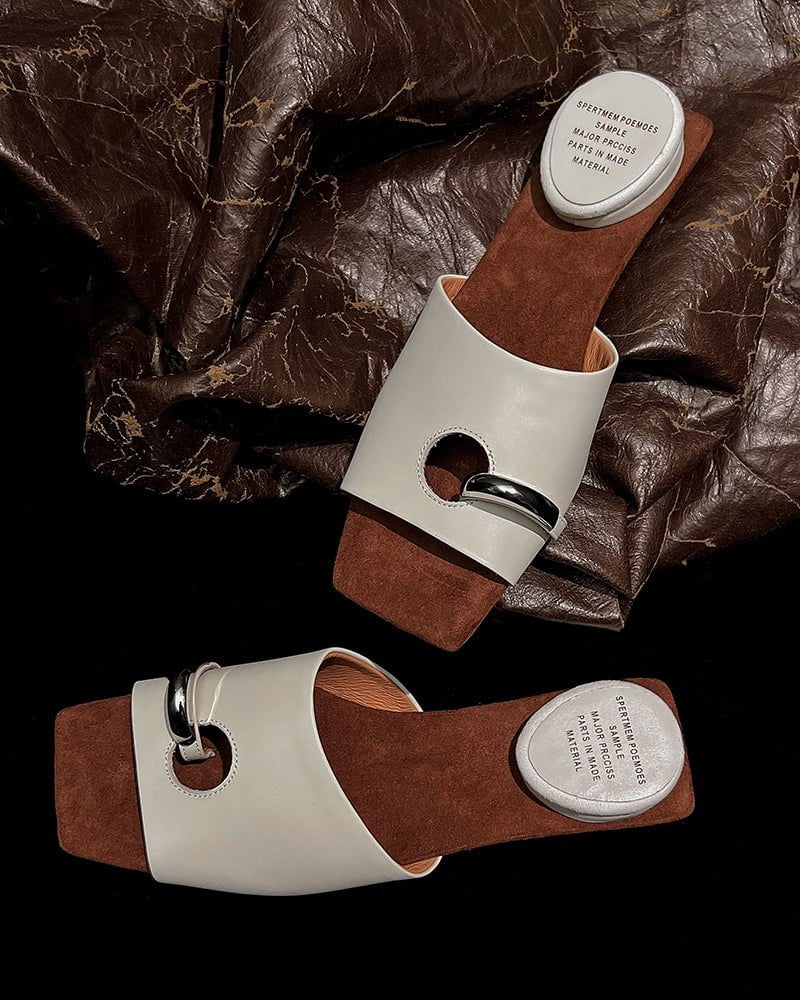 (Clean Up - US 7.5 ) Gold Ring Square Heel Thong Slide Sandals